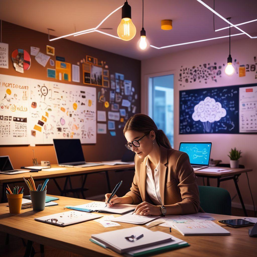 A person sitting at a modern workspace, surrounded by notebooks and a laptop, with colorful brainstorming notes scattered around, illustrating the flow of creativity. An inspiring light bulb shines above their head, representing ideas and potential. Background filled with digital graphs and icons symbolizing SEO strategies, creating an engaging learning atmosphere. bright colors. 3D. digital art.