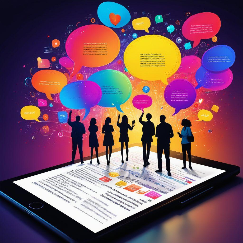 A captivating digital journal page open to a vivid, illustrated story scene depicting a diverse group of people engaging and interacting, surrounded by colorful speech bubbles filled with text and digital icons. Incorporate elements like a glowing pen, a vibrant background of swirling colors representing creativity, and devices like tablets and phones showcasing similar journal pages. The atmosphere conveys excitement and connection through storytelling. super-realistic. vibrant colors. modern aesthetic.