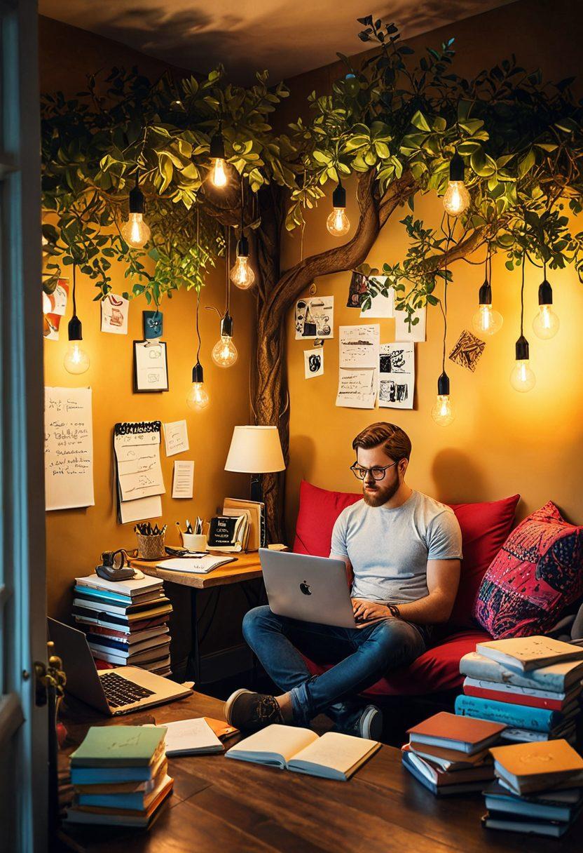 An imaginative writer in a cozy nook, surrounded by colorful notebooks filled with ideas, a laptop displaying SEO analytics, and whimsical light bulbs indicating creativity. The background features a vibrant tree symbolizing growth, with leaves made of words and phrases. The scene is bright and inviting, inspiring creativity and knowledge. super-realistic. vibrant colors. warm lighting.